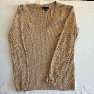 Tommy Hilfiger Beige Cotton Cable-Knit Pullover Sweater, Preppy, V-Neck, Size S